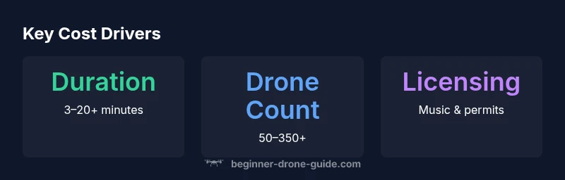 Infographic showing drone show cost drivers like duration, drone count, and licensing.