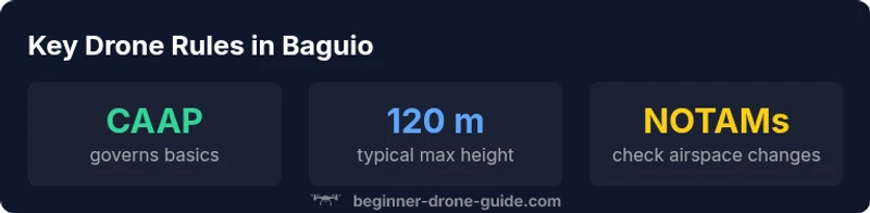 Infographic showing key drone rules in Baguio, including CAAP guidelines, typical height limits, and NOTAM checks