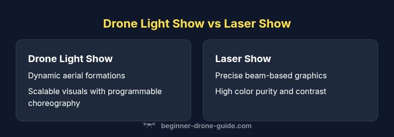 Side-by-side infographic comparing drone light show and laser show