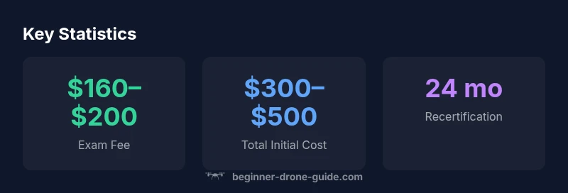 Infographic showing cost ranges for FAA Part 107 license, including exam fee, total initial cost, and recertification interval.